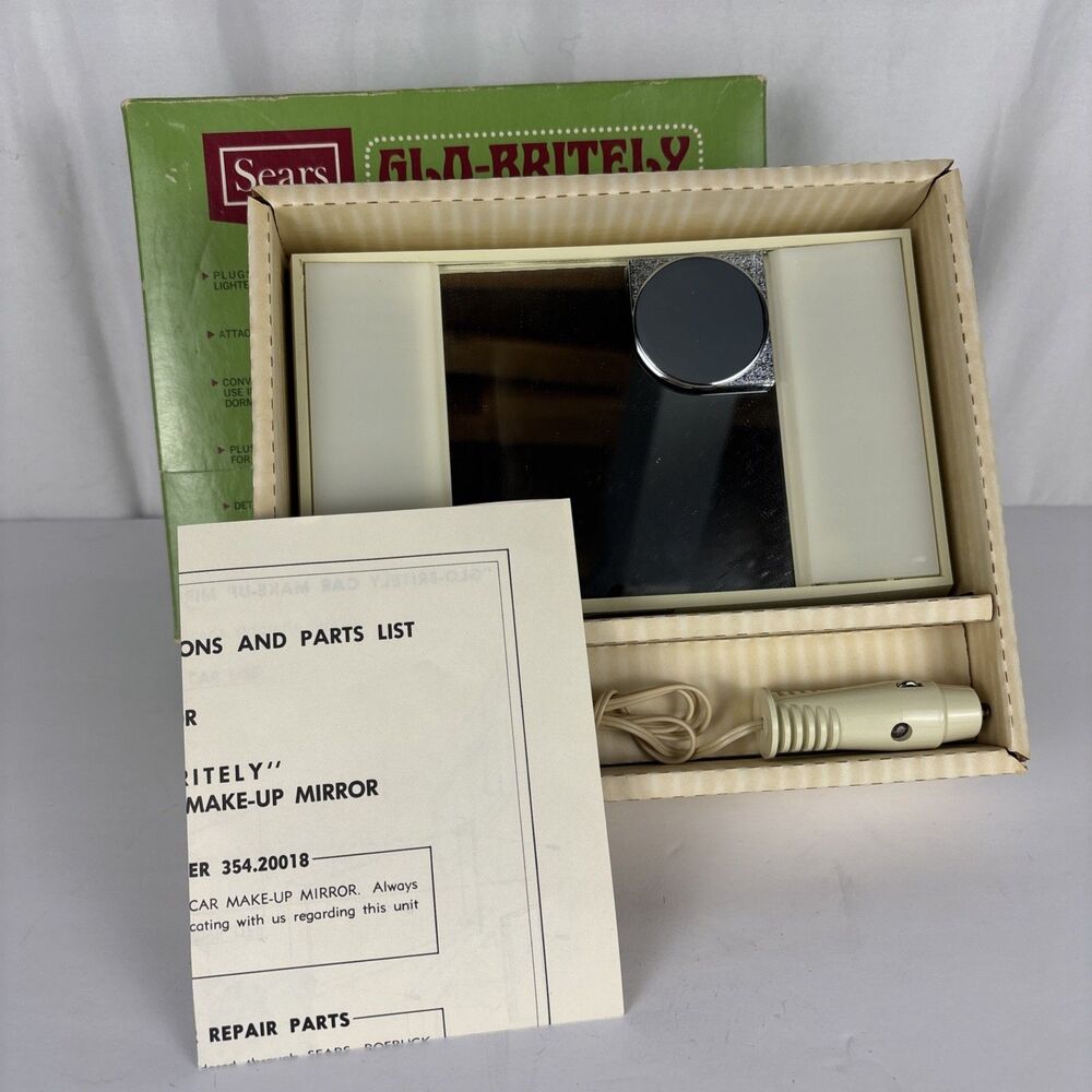 Sears Glo-Britely Illuminated Auto Make up Mirror Portable w/ Box Papers
